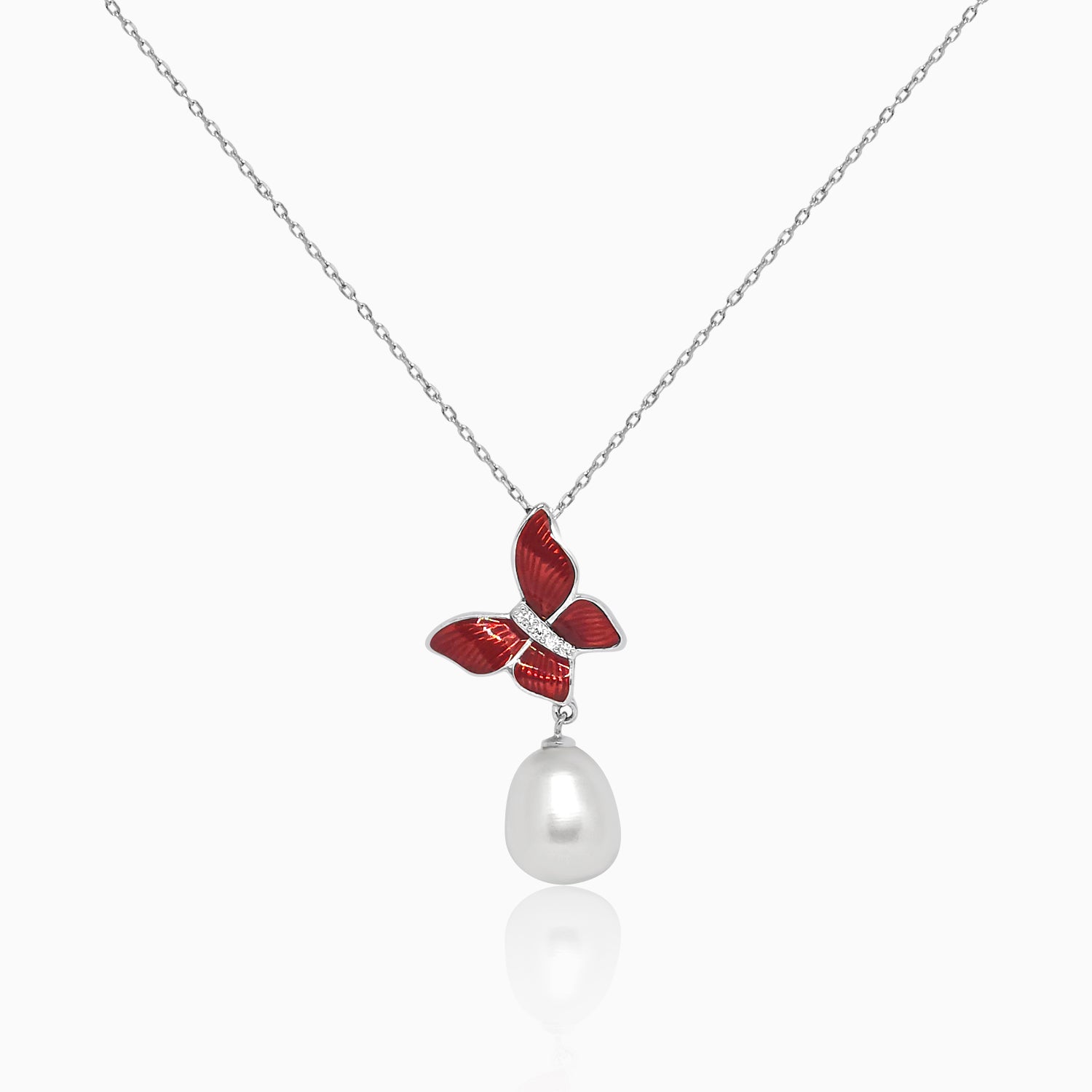 Silver Red Butterfly Dangling Pearl Necklace