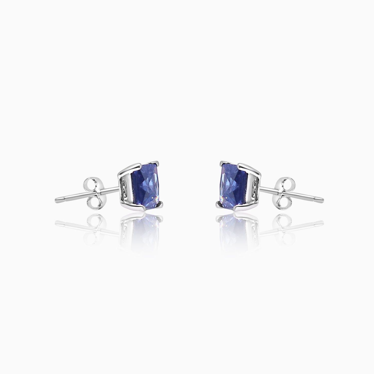Silver Sapphire Blue Square Stud Earrings