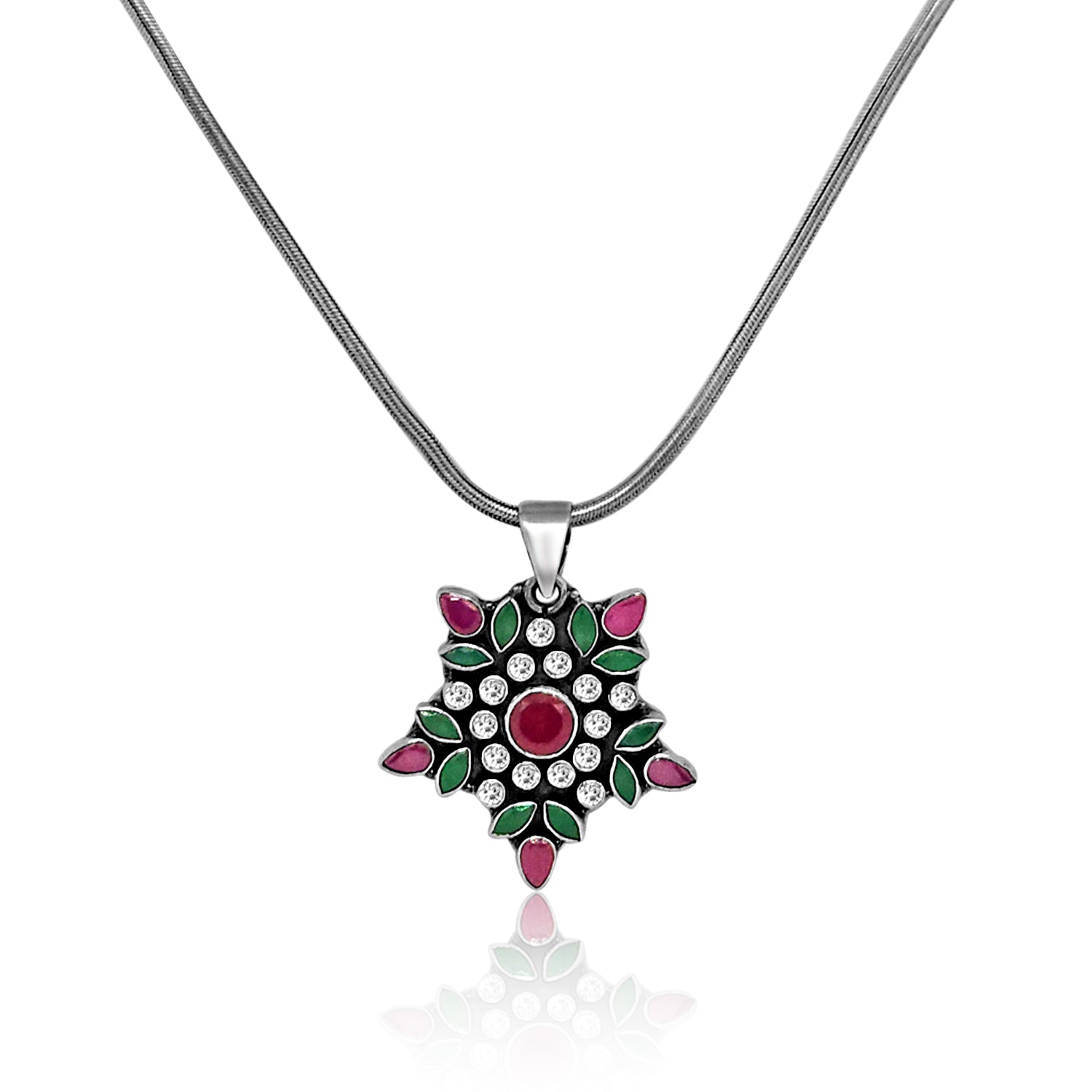 Silver Oxidized Multitone Gemstone Floral Celebration Pendant with Snake Chain