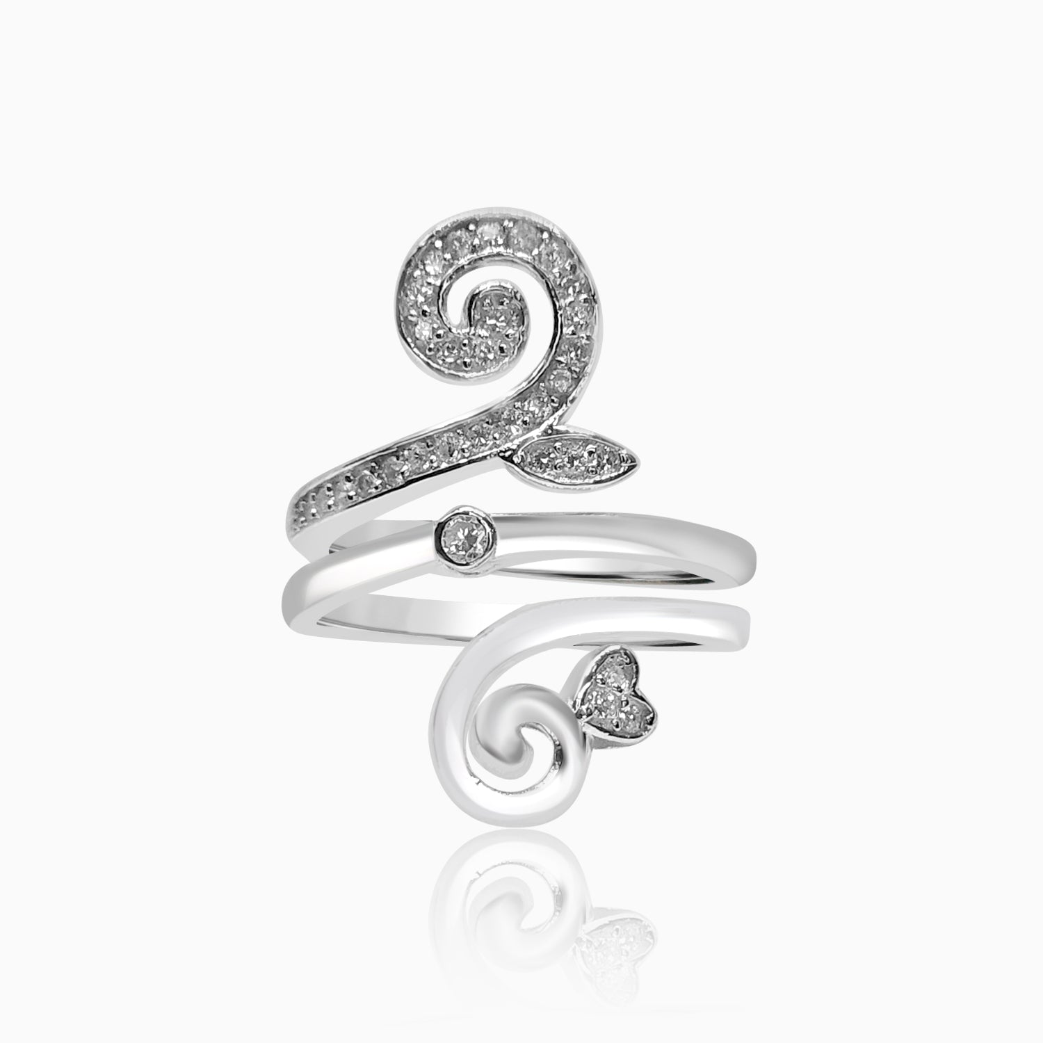 Silver Sparkling 2 Line Curved Branch Heart Ring