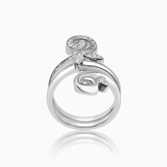 Silver Sparkling 2 Line Curved Branch Heart Ring