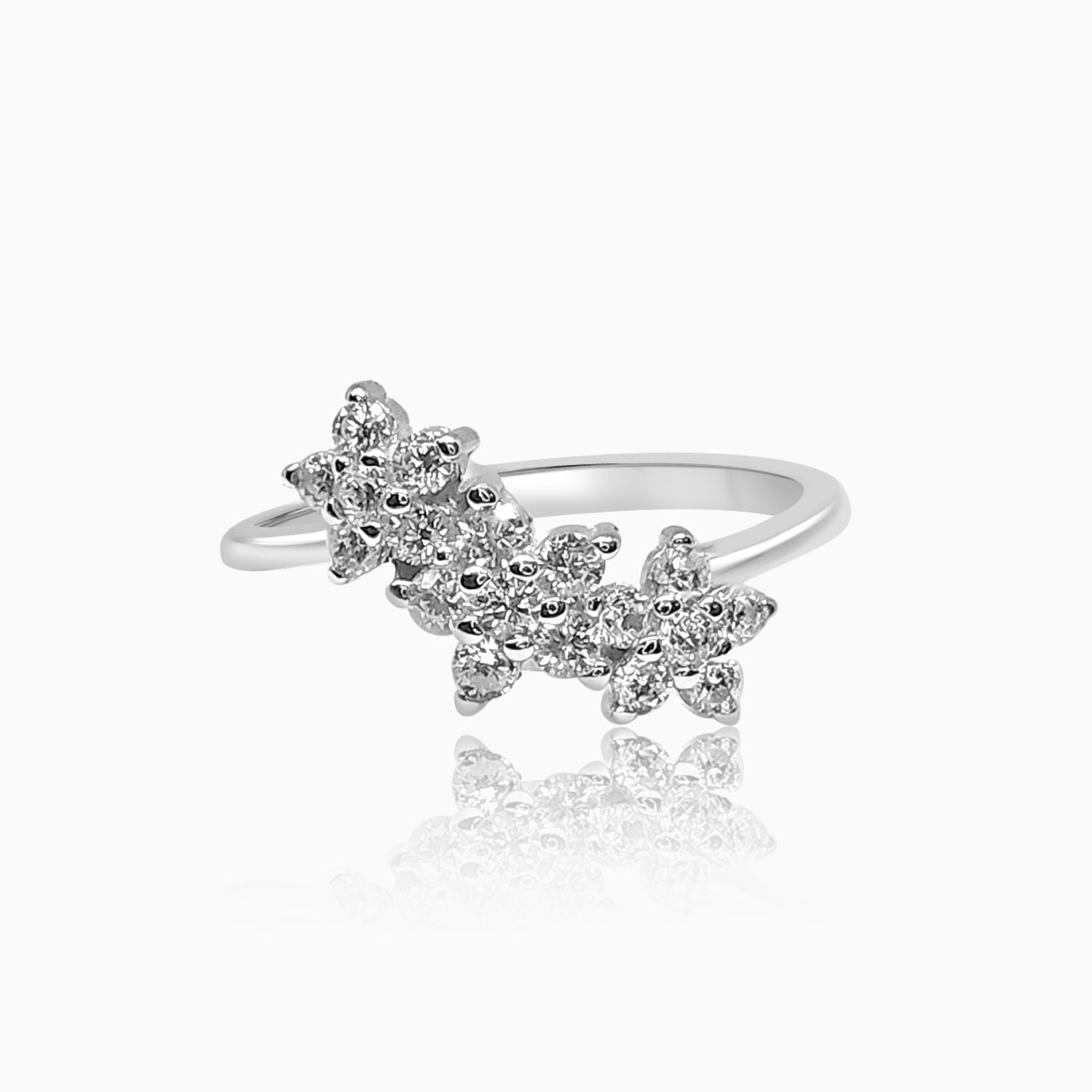 Silver Sparkling 3 Little Flowers Ring
