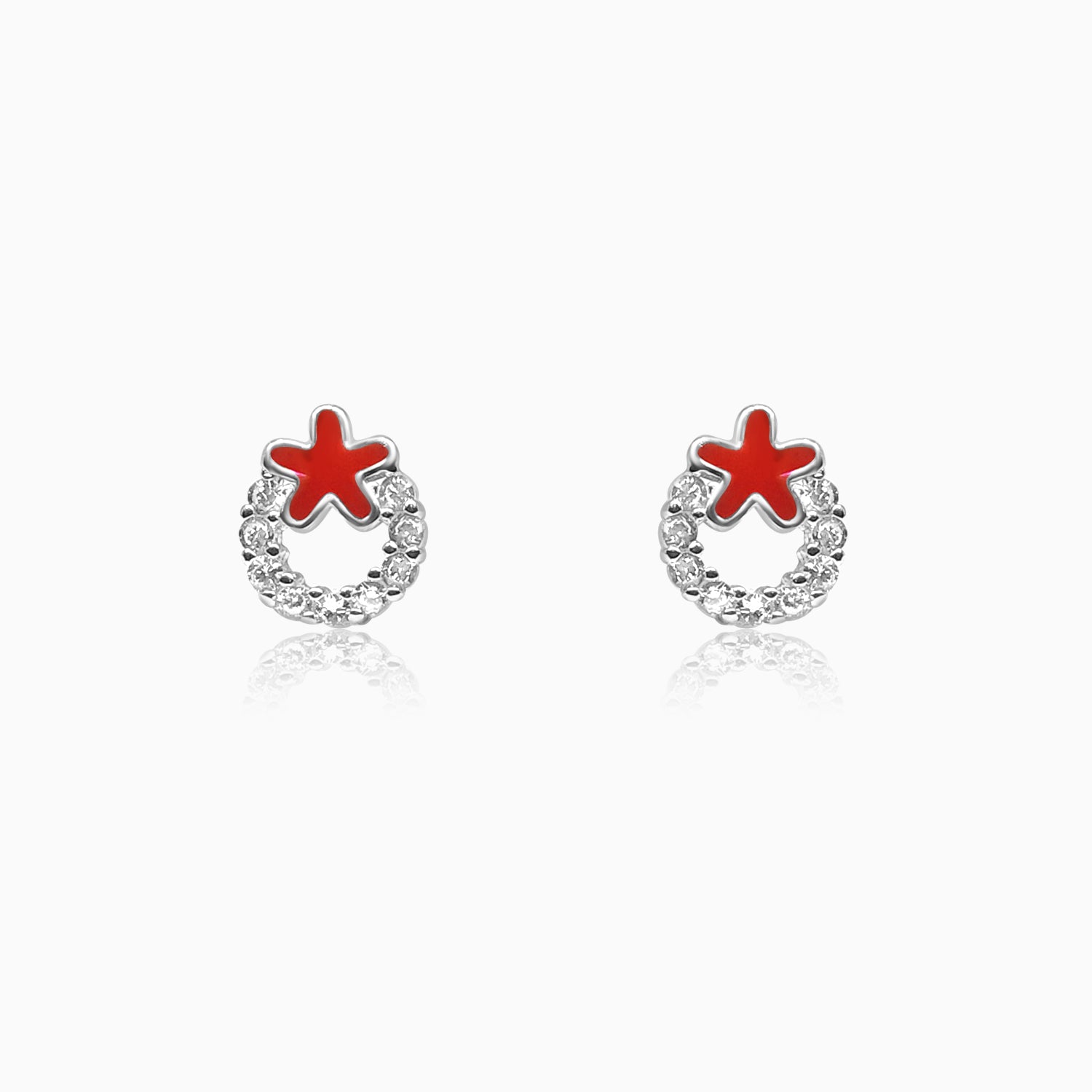 Silver Red Star Fish on Sparkling Hoop Earrings