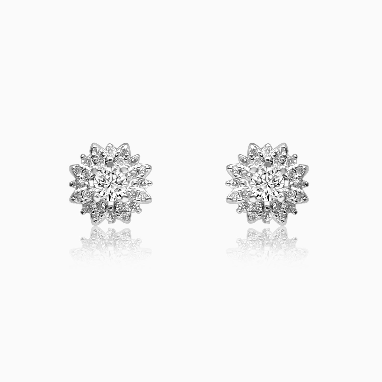Silver Sparkling Solitaire Flower Earrings
