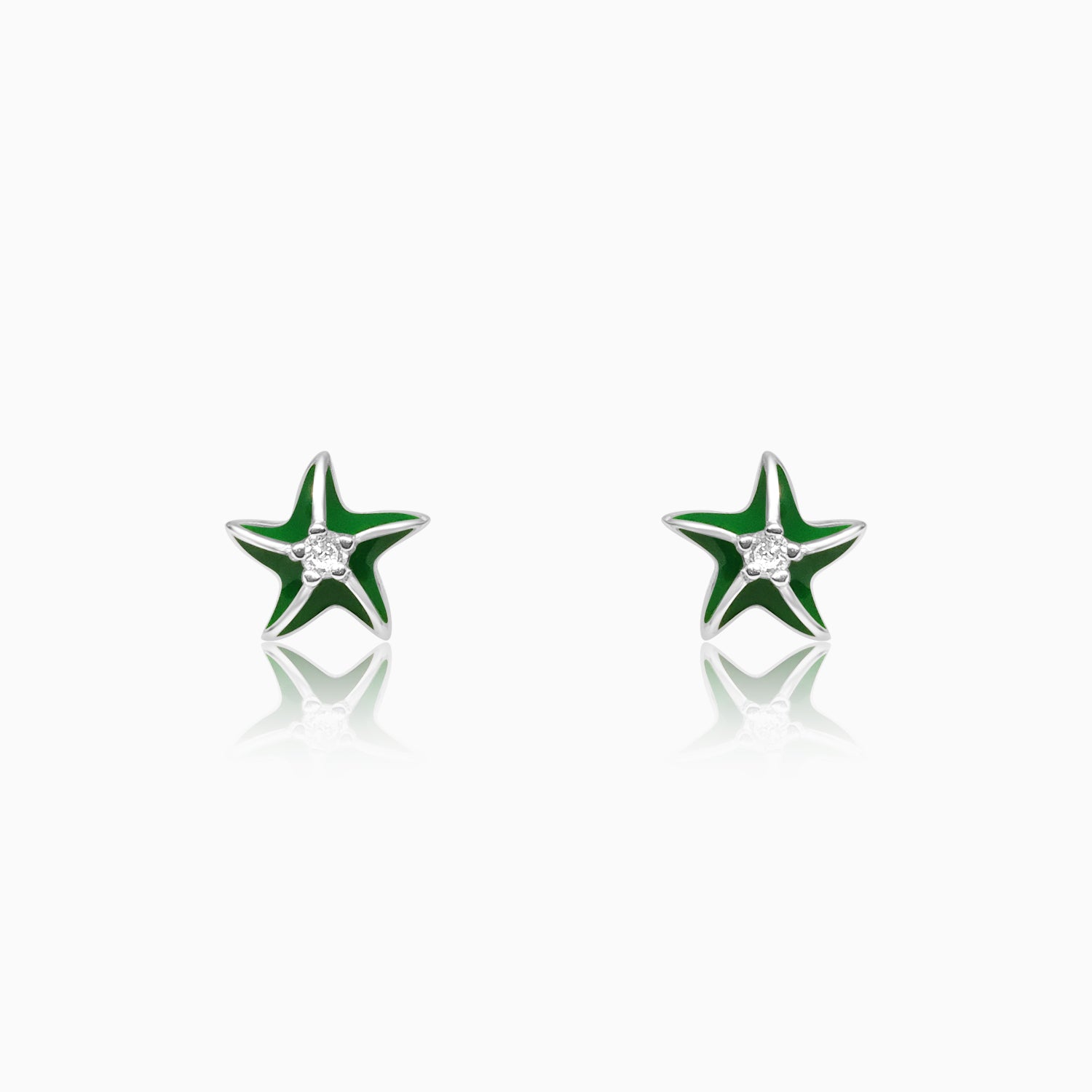 Silver Sparkle on Green Star Fish Earrings