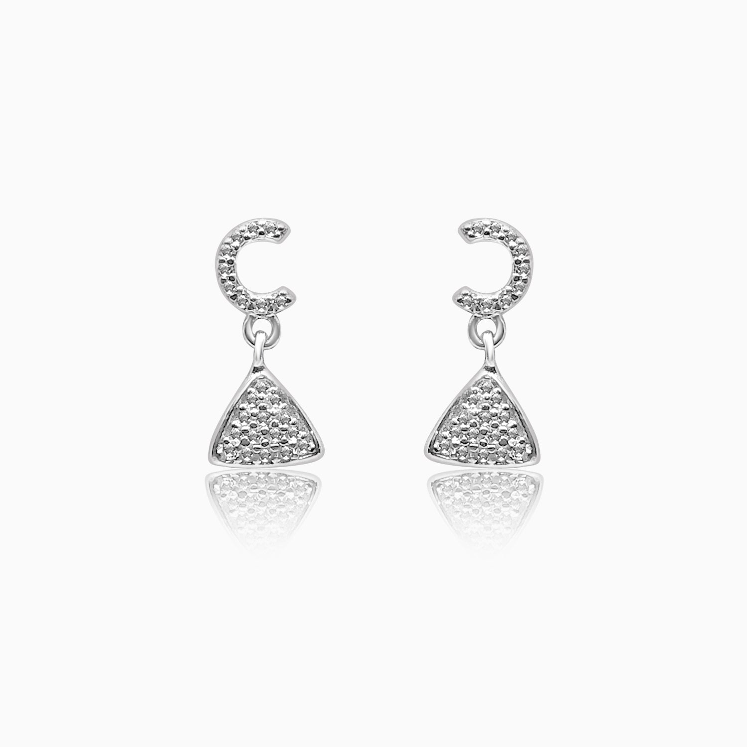 Silver Sparkling C with Dangling Triangle Earrings