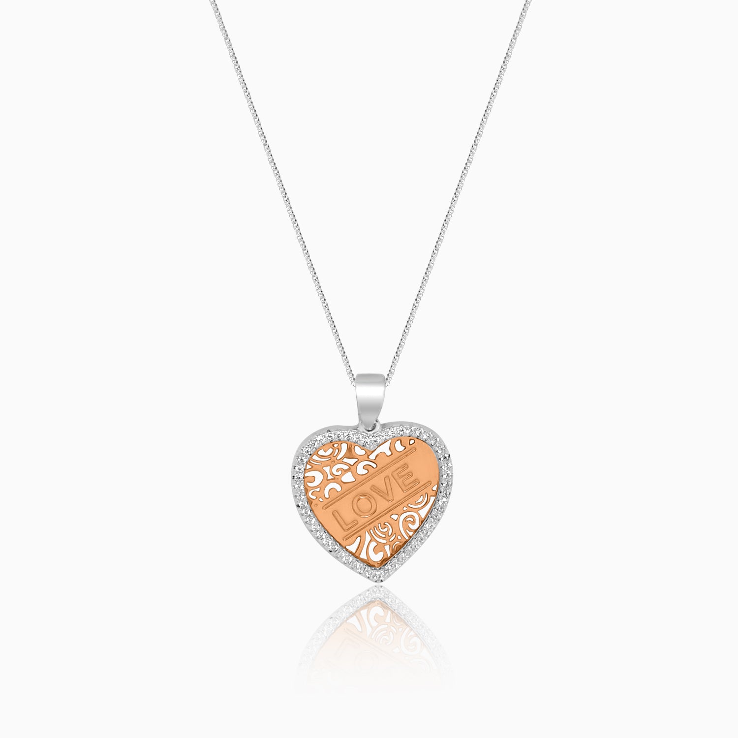 Silver Sparkling Rose Gold Love in Heart Pendant