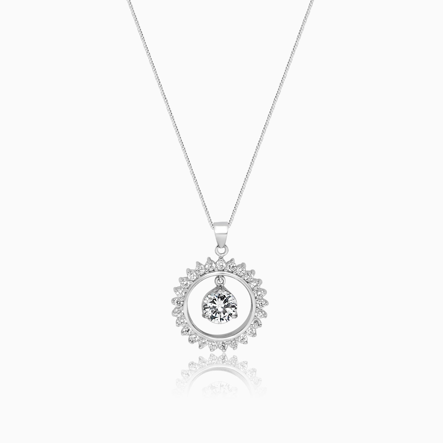 Silver Dangling Grandeur Solitaire in Sparkling Ring of Fire Pendant