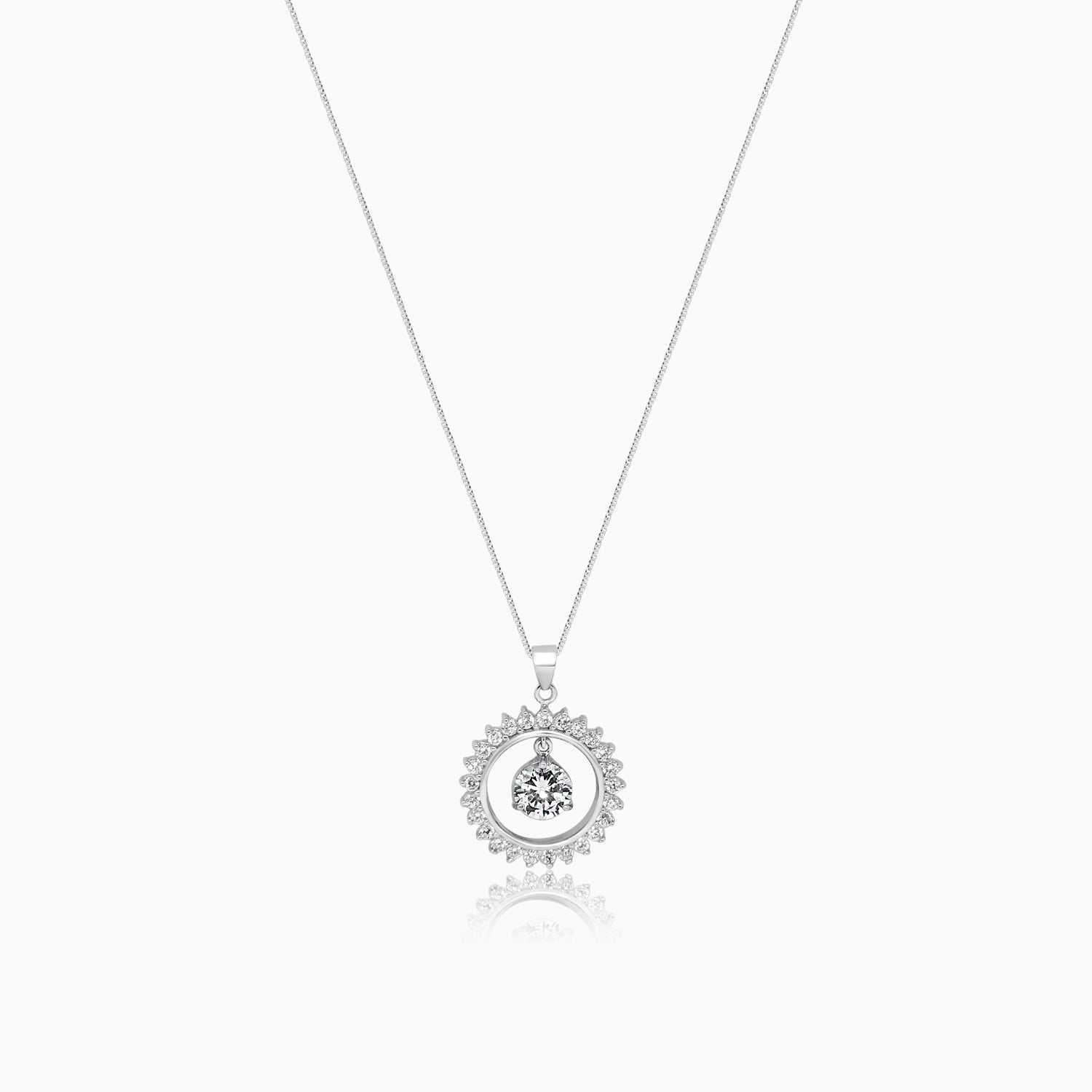 Silver Dangling Grandeur Solitaire in Sparkling Ring of Fire Pendant
