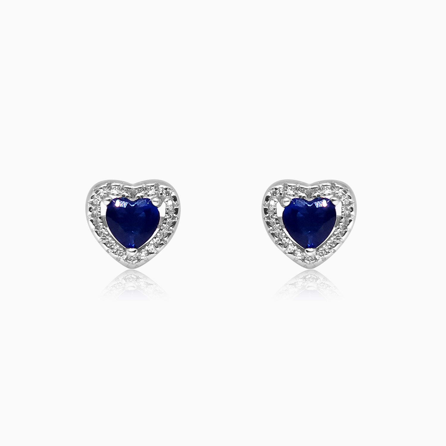 Silver Sparkling Awe Heart Sapphire Blue Earrings