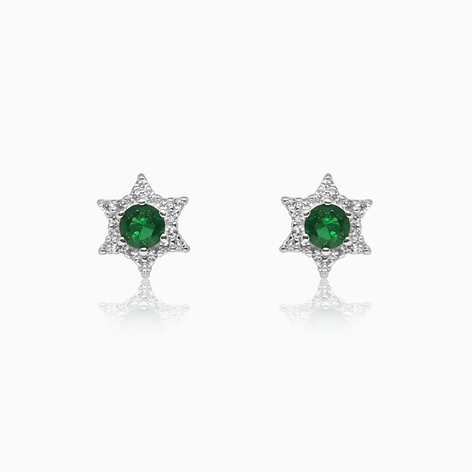 Silver Sparkling Emerald Green Star Earrings