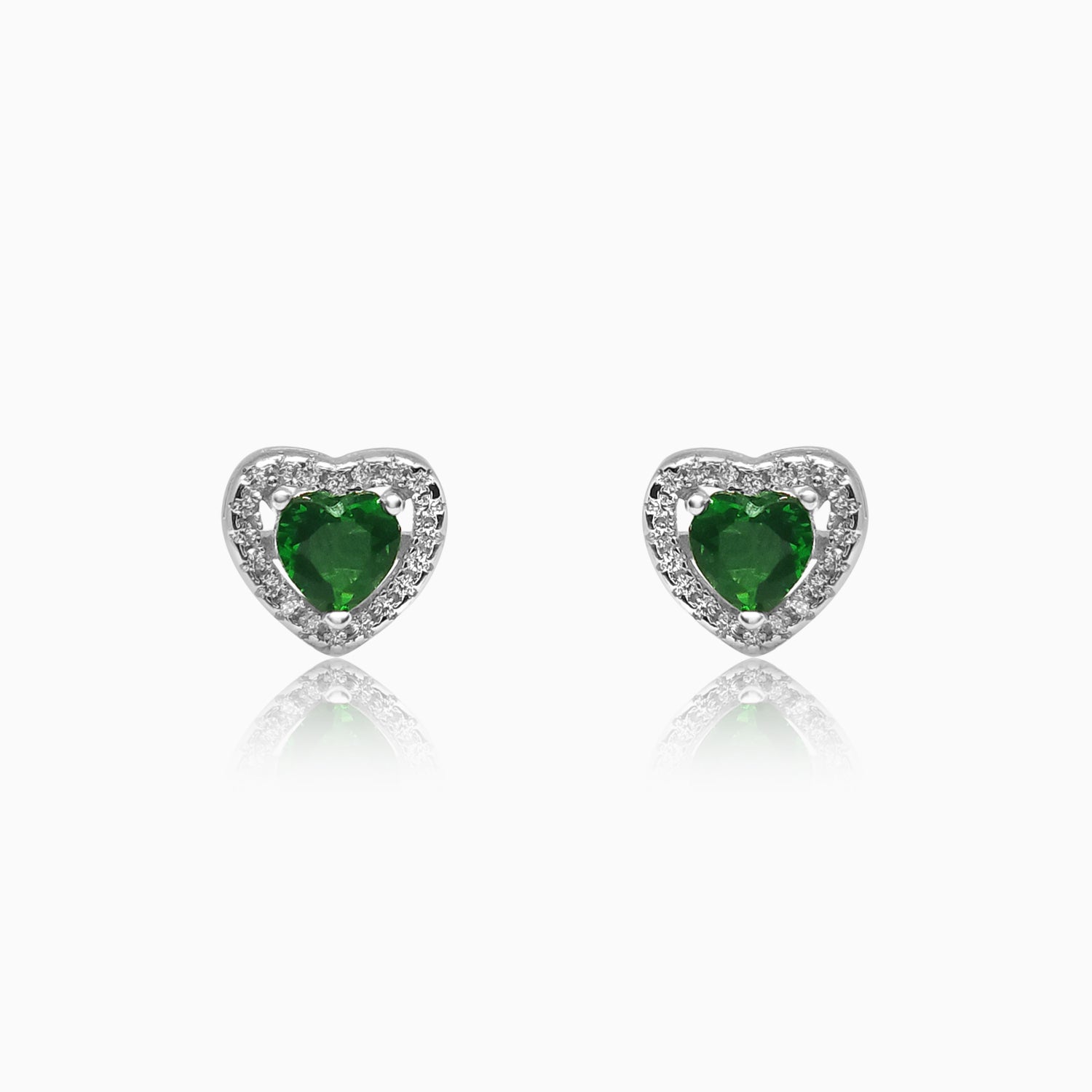 Silver Sparkling Awe Heart Emerald Green Earrings
