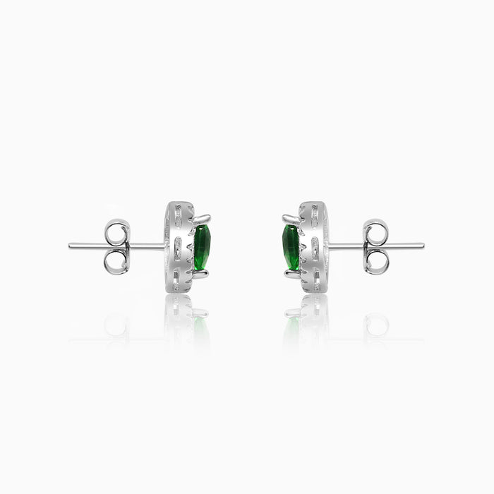 Silver Sparkling Awe Heart Emerald Green Earrings
