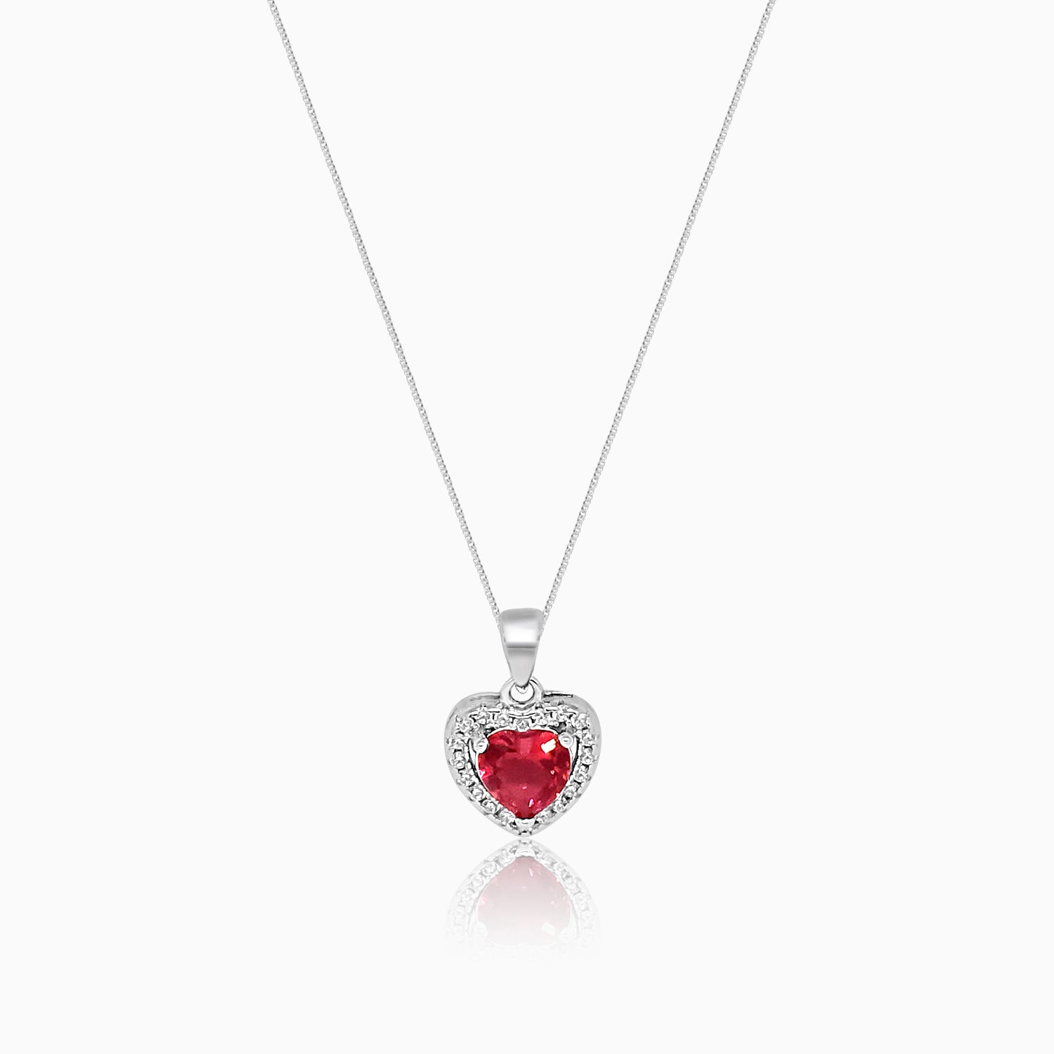 Silver Sparkling Awe Heart Ruby Red Pendant