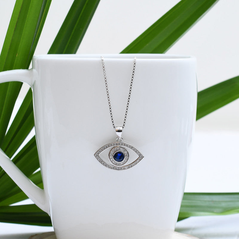 Silver Sparkling Evil Eye Pendant with Link Chain