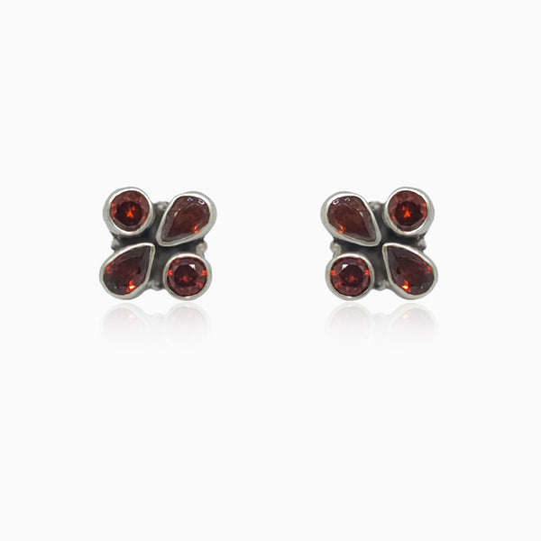 Silver Symmetry Garnet Petals Studs
