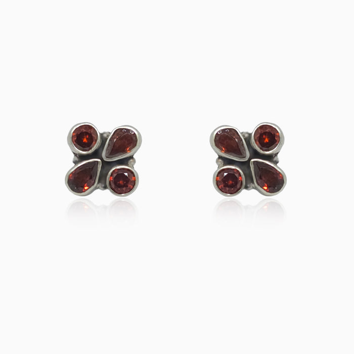 Silver Symmetry Garnet Petals Studs