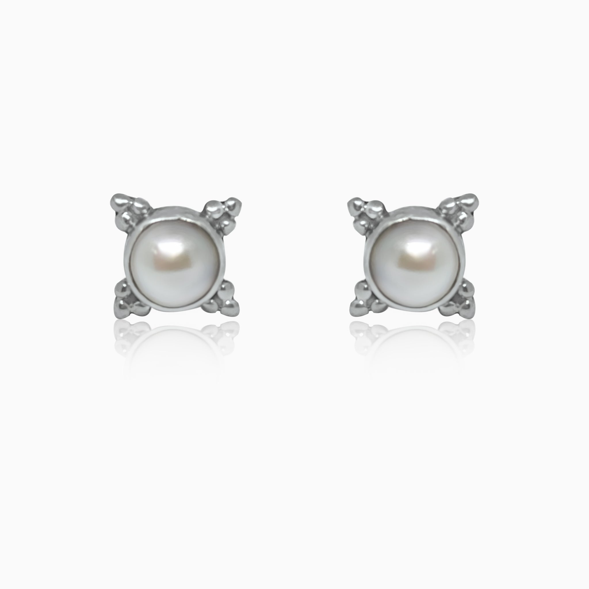 Silver Highlight Button Pearl Studs