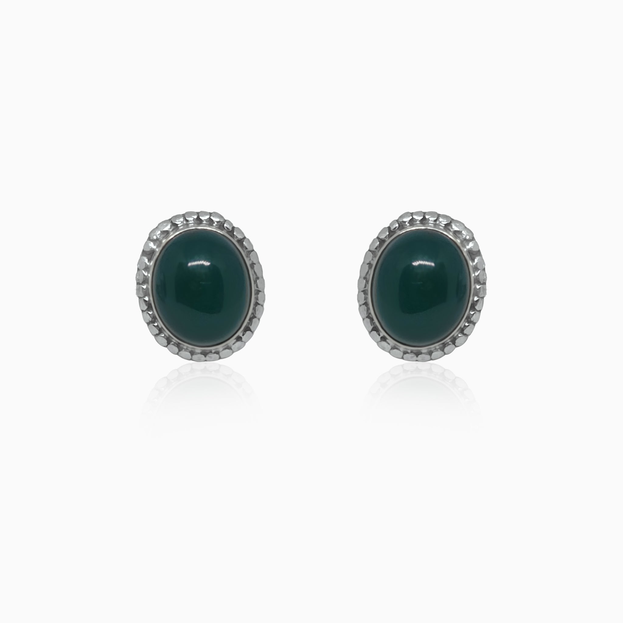 Silver Oval Green Agate Studs