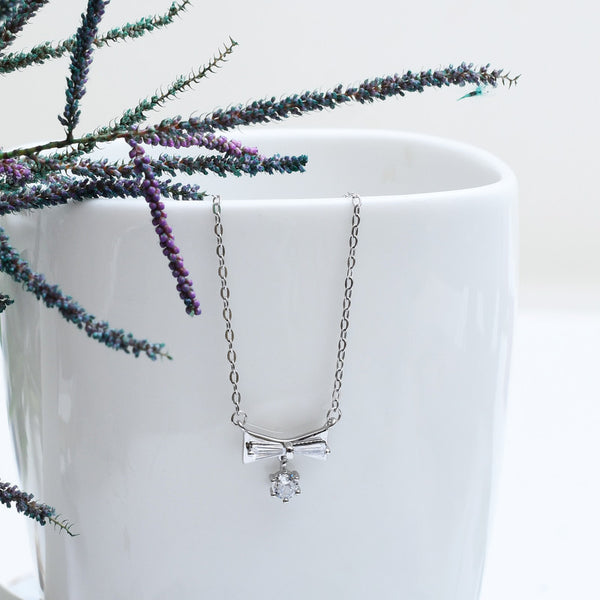 Silver Zircon Drop Bow Necklace