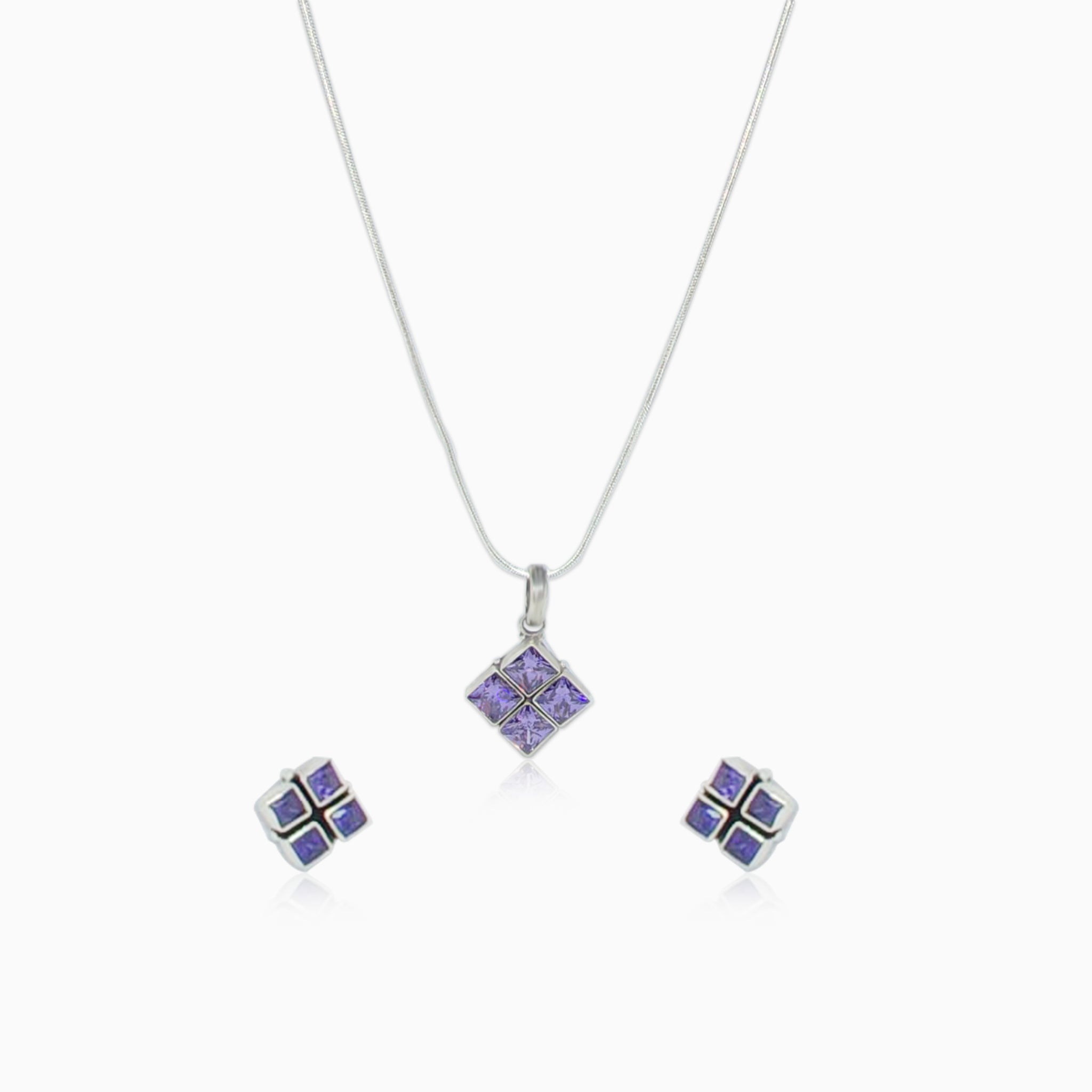 Silver Symmetrical Square Amethyst Pendant Set with Link Chain