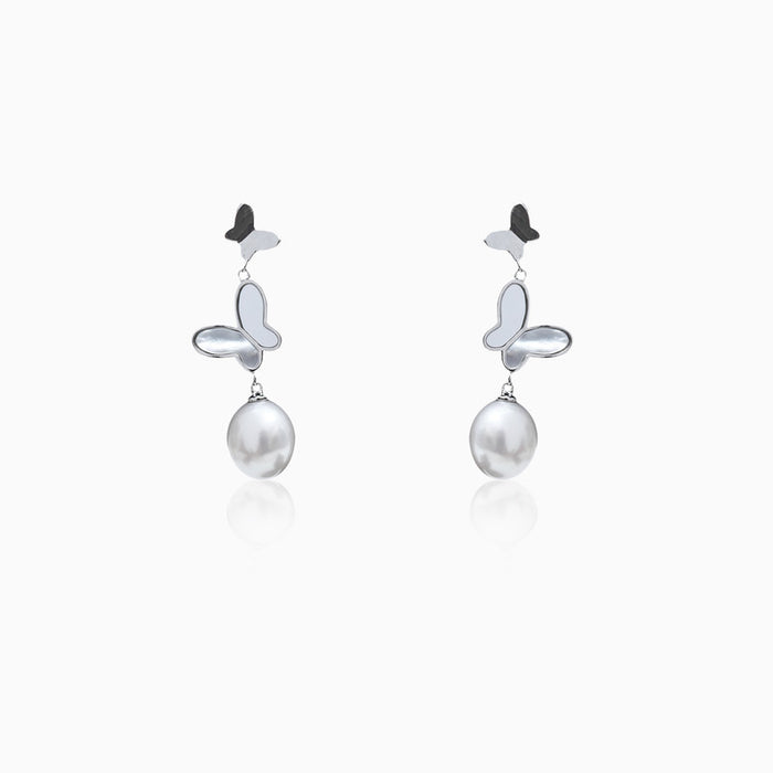 Silver Hanging Butterfly Pearl Earrings