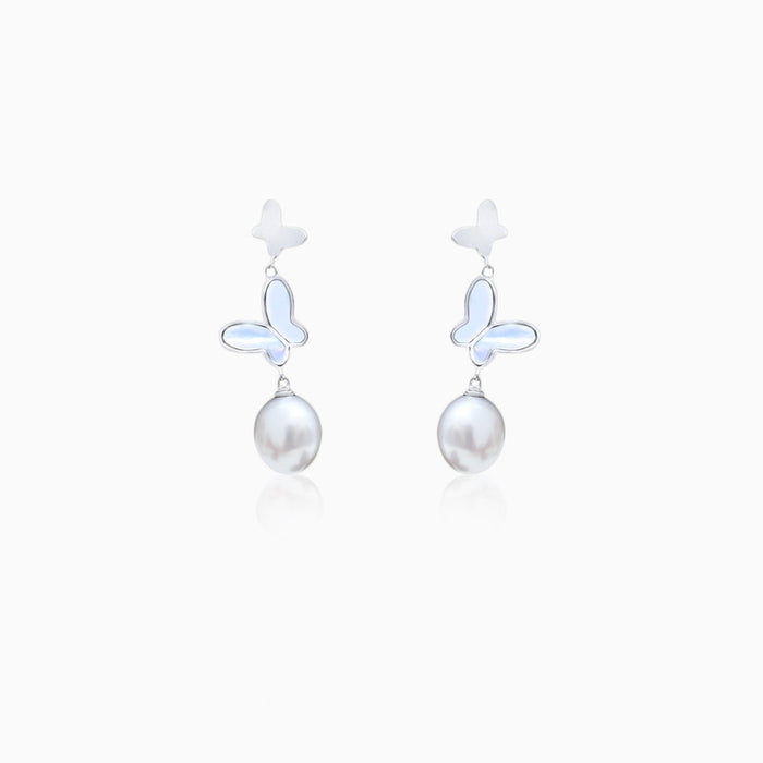 Silver Hanging Butterfly Pearl Earrings