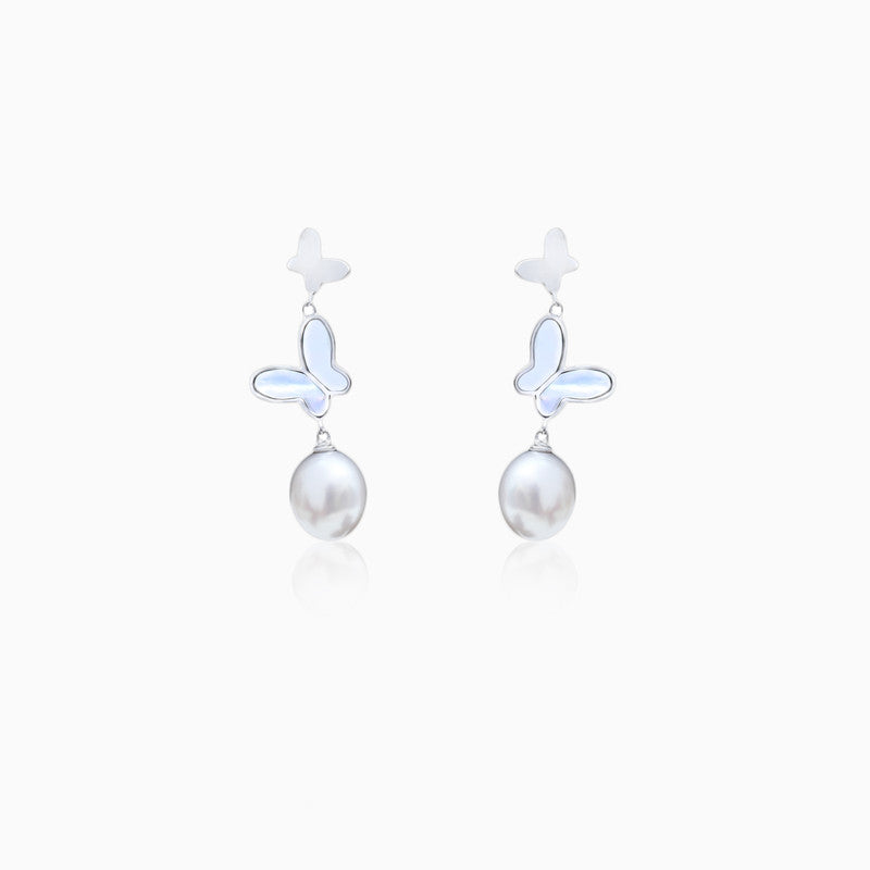 Silver Hangling Butterfly Pearl Earrings
