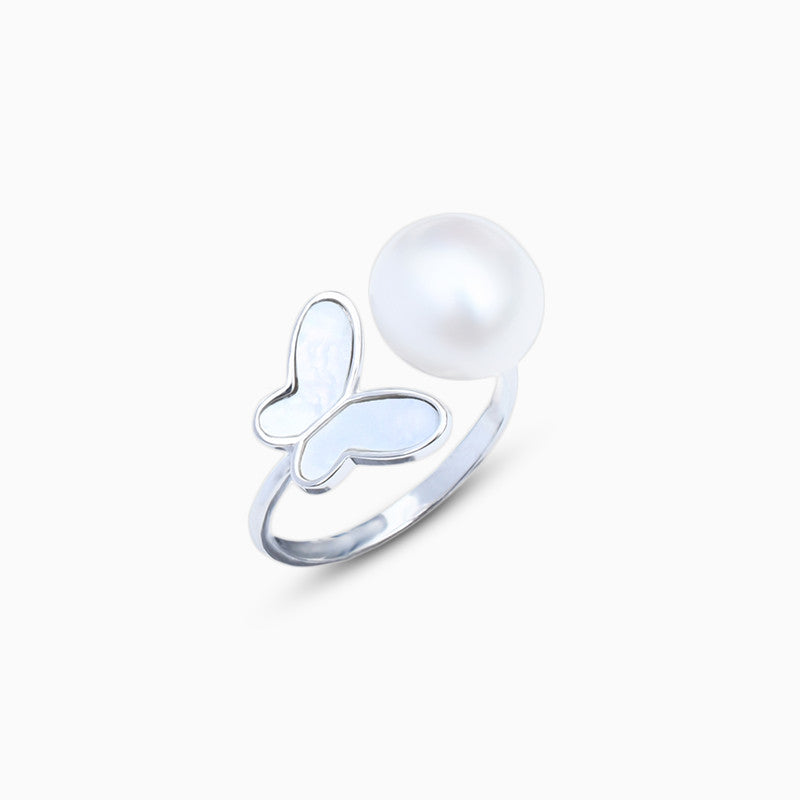 Silver Butterfly Tail Pearl Ring