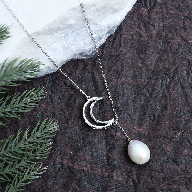 Silver Crescent Moon Pearl Necklace