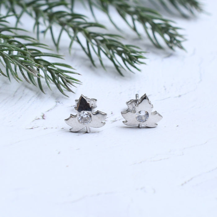 Silver Maple Leaf Zircon Stud Earrings