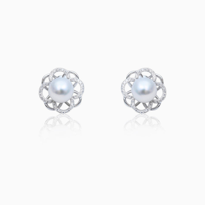 Silver Floral Highlight Pearl Earrings