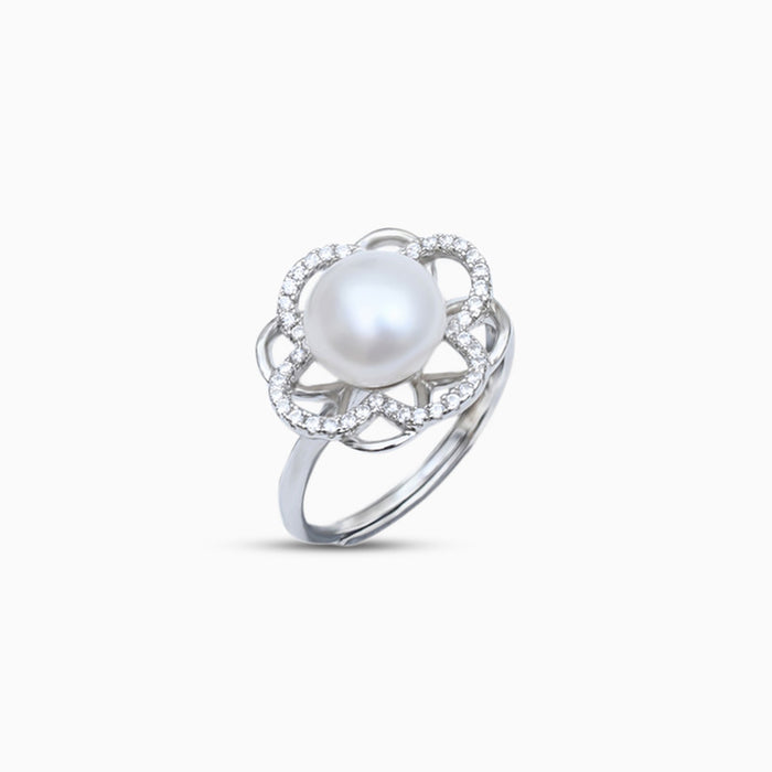 Silver Floral Highlight Pearl Adjustable Ring