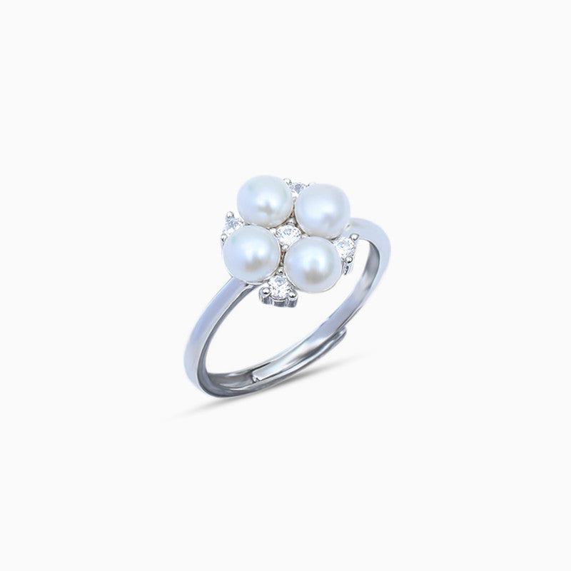 Silver Sparkling Quad Pearl Adjustable Ring