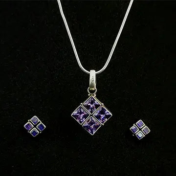 Silver Symmetrical Square Amethyst Pendant Set with Link Chain