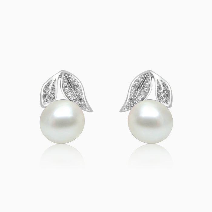 Silver Leaf Tail Pearl Earrings