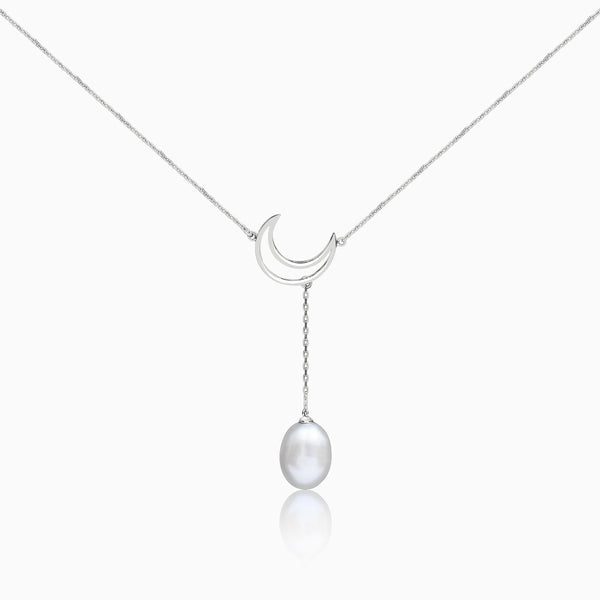 Silver Crescent Moon Pearl Necklace