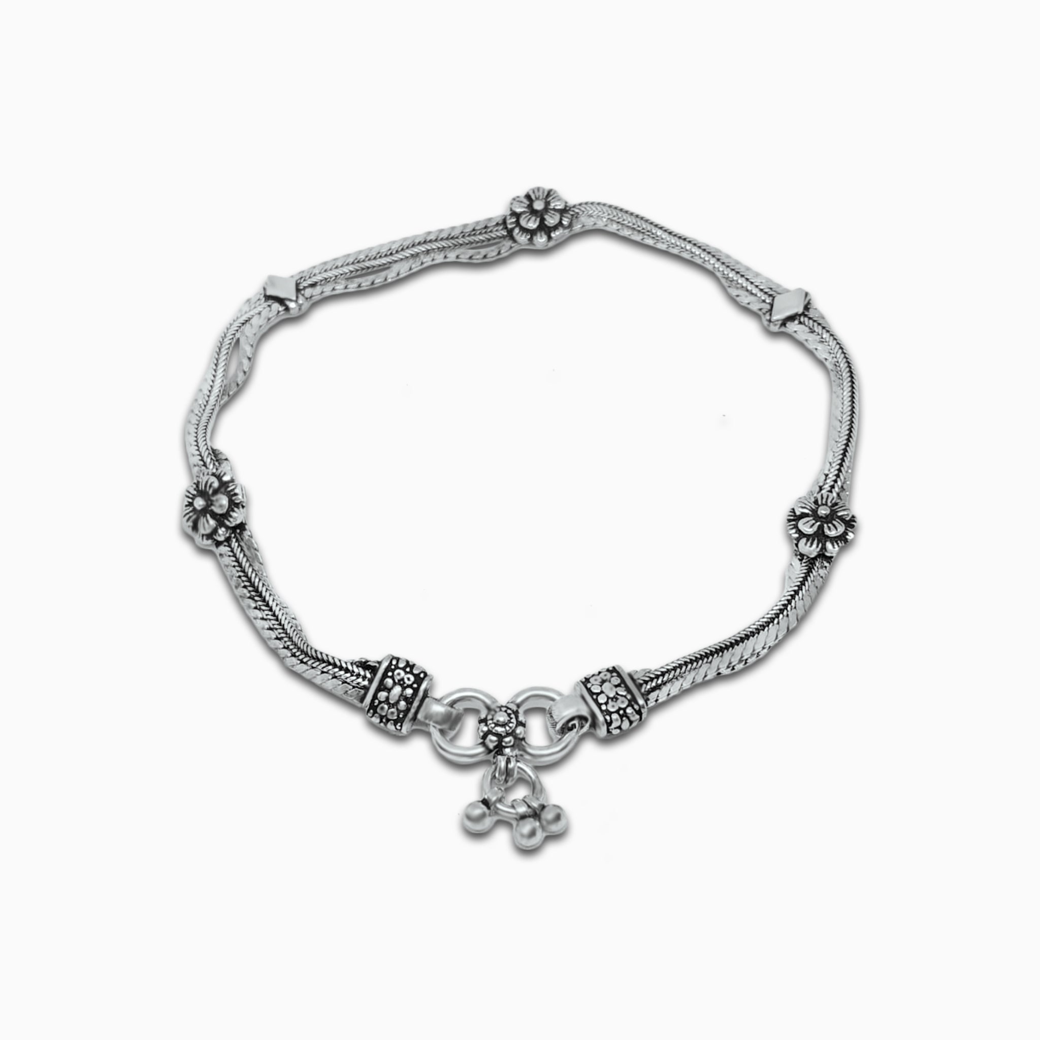 Silver Flower with Danglers Anklet Set of 2