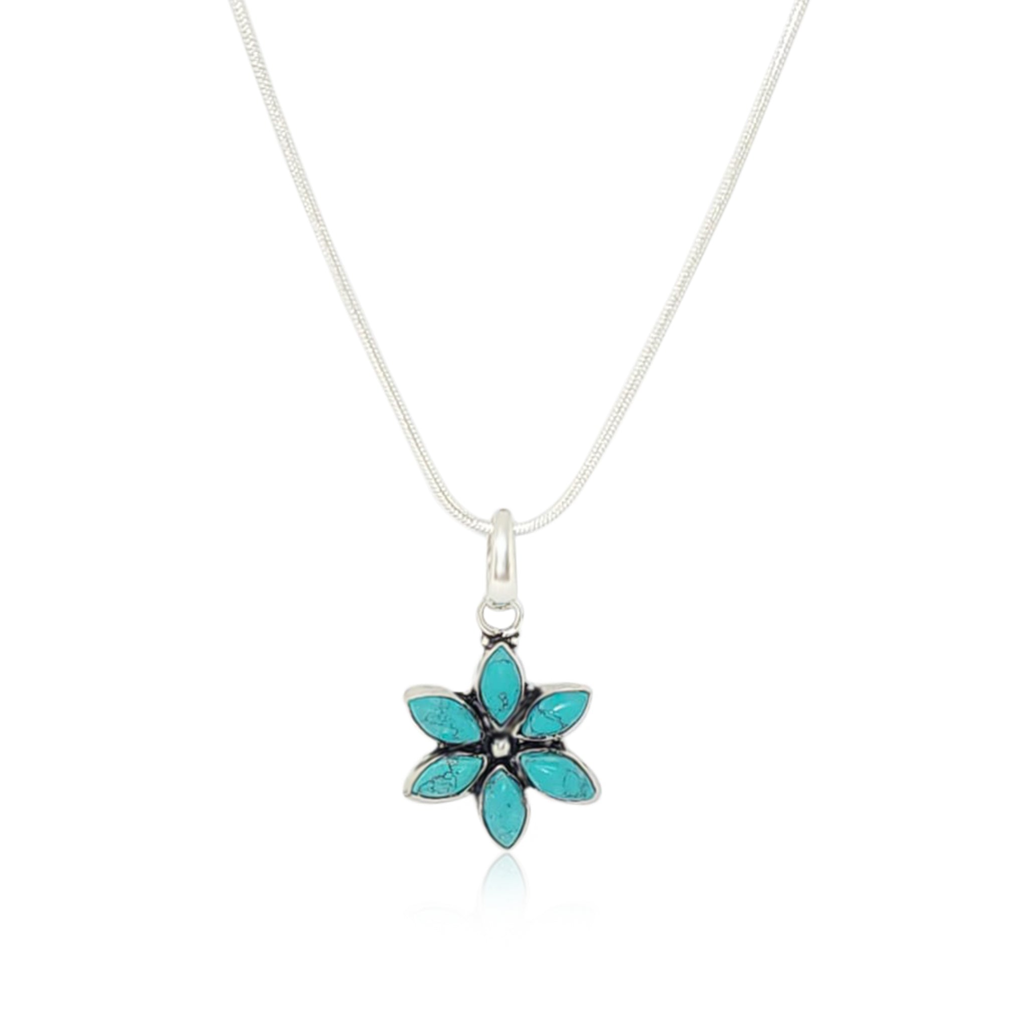 Silver Flower Turquoise Pendant with Link Chain