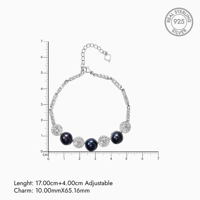 Silver Sparkling Zircon and Black Pearl Bracelet