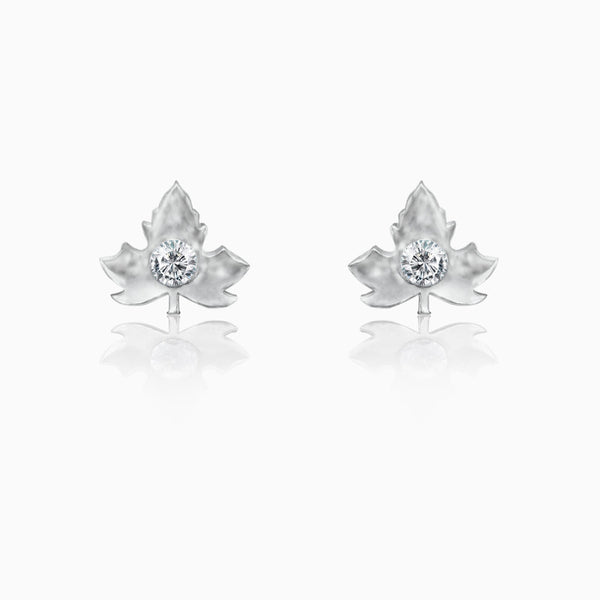 Silver Maple Leaf Zircon Stud Earrings