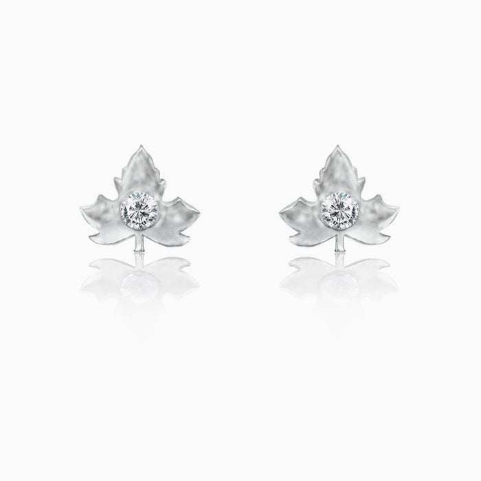Silver Maple Leaf Zircon Stud Earrings