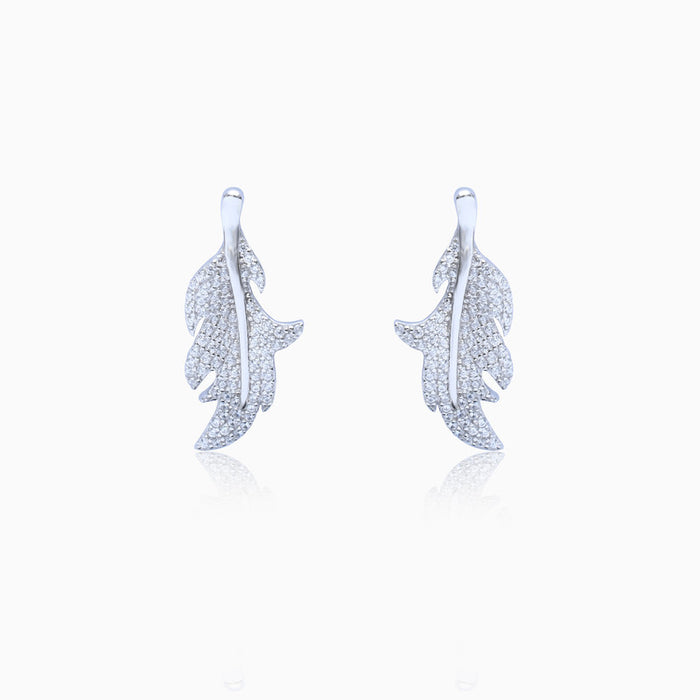 Silver Sparkling Long Leaf Earrings