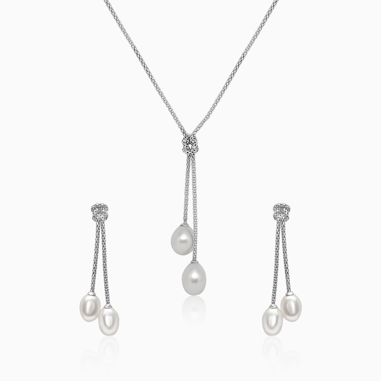 Silver Knotted Dangling Pearls Pendant Set