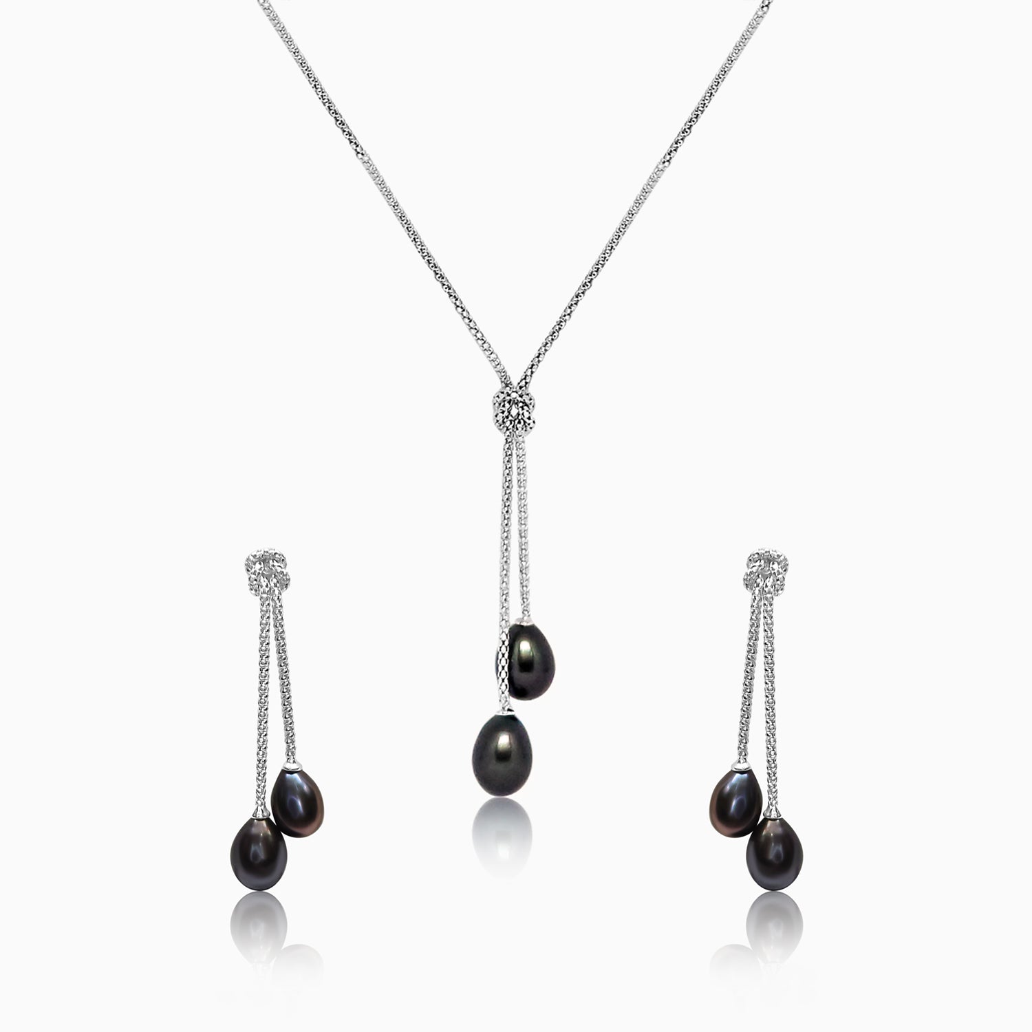 Silver Knotted Italian Chain Black Pearl Necklace Set