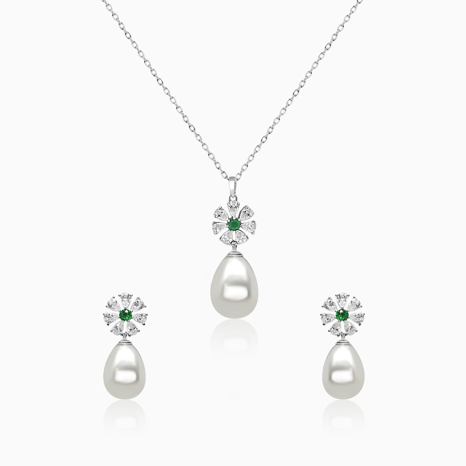 Silver Dangling Emerald and Pearl Flower Necklace Set