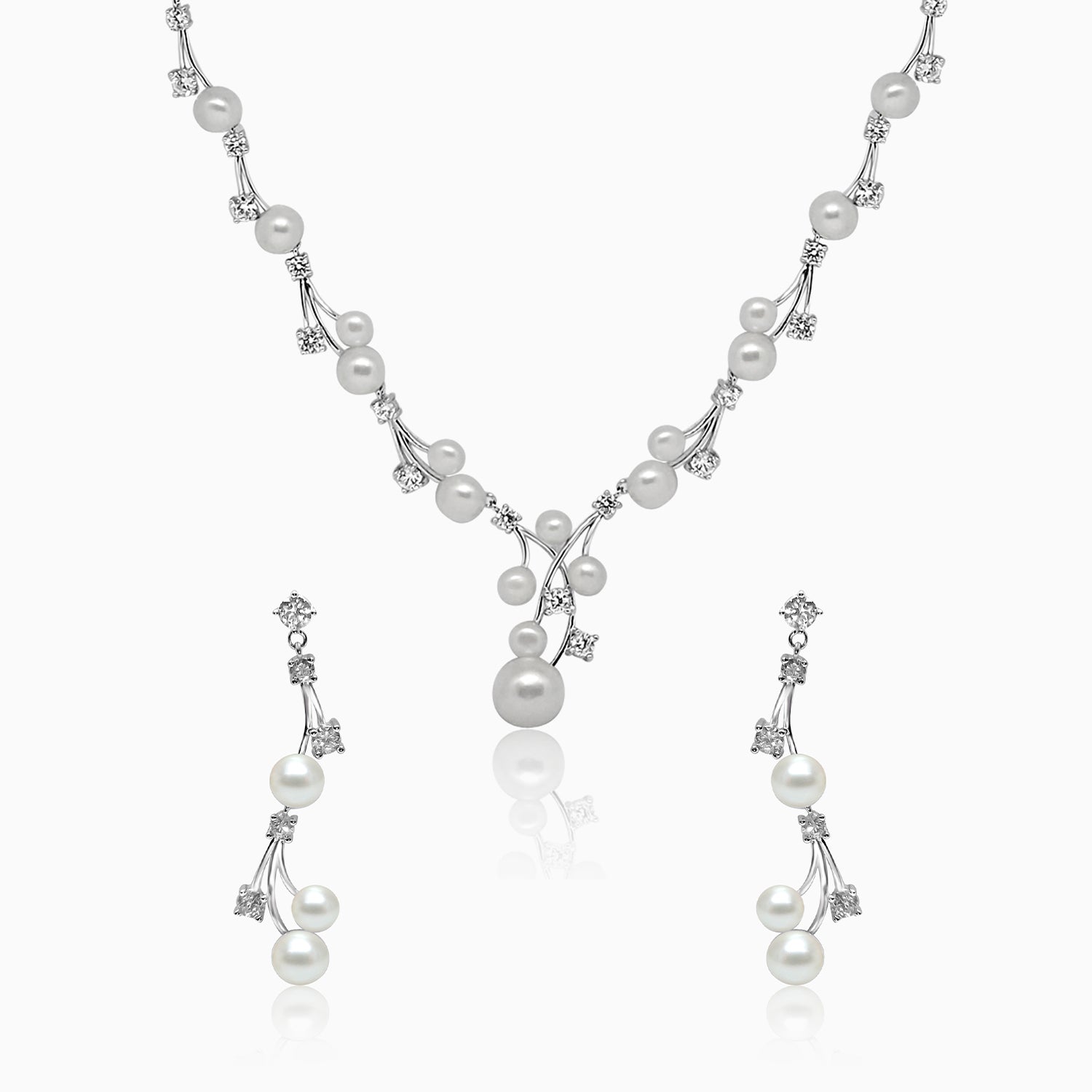 Silver Sparkling Pearl Branch Necklace Set