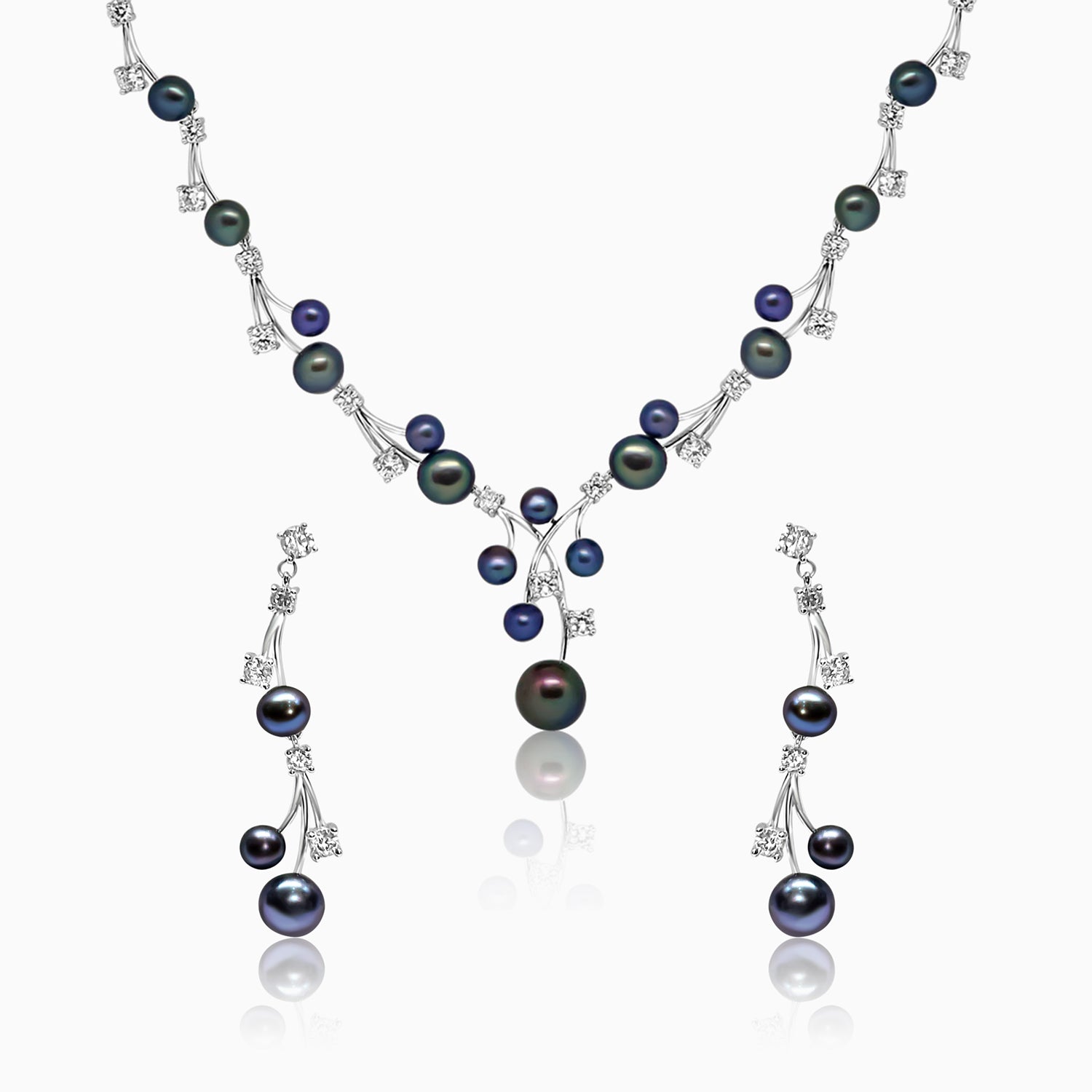 Silver Sparkling Black Pearl Branch Necklace Set