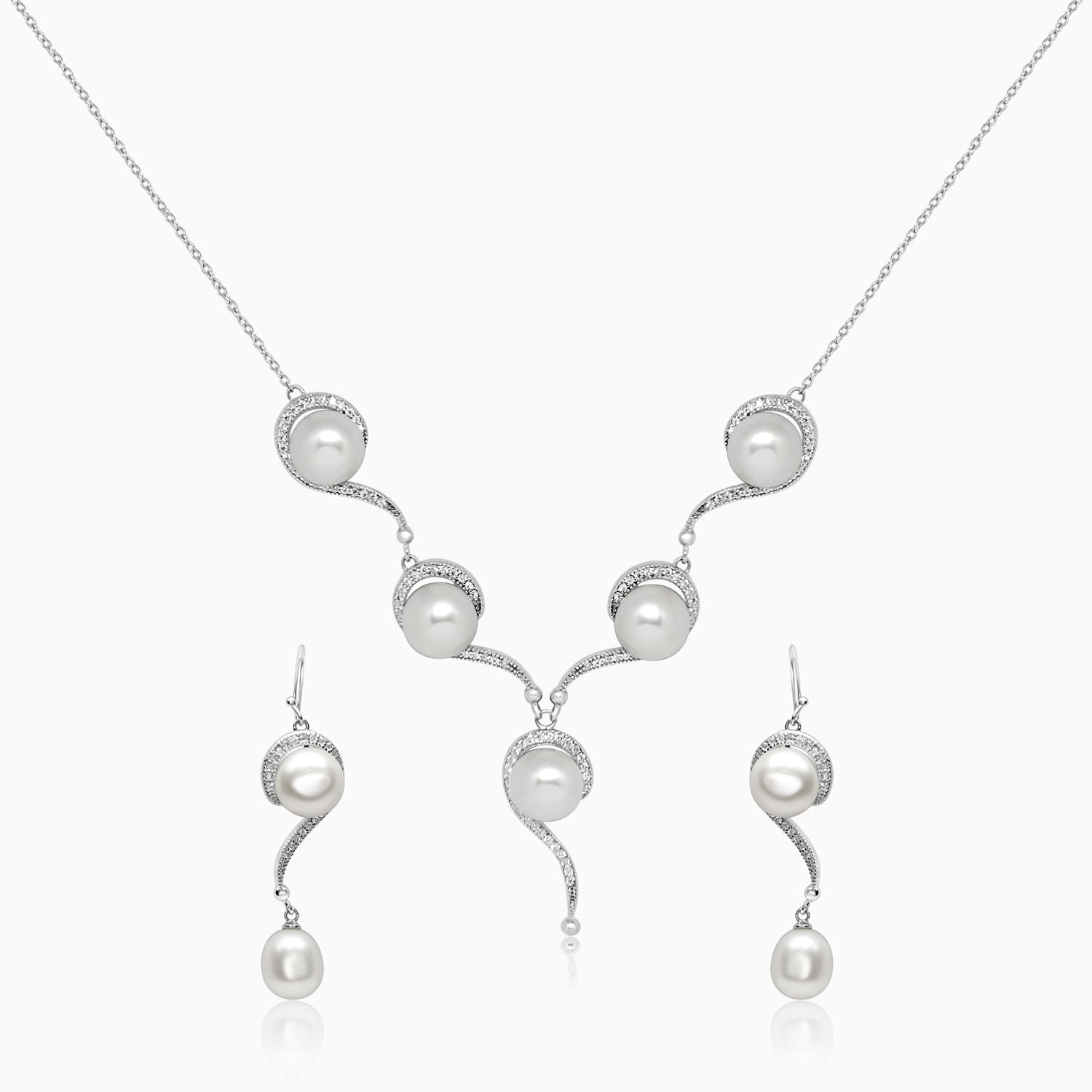 Silver Sparkling Pearl Flow Necklace Set