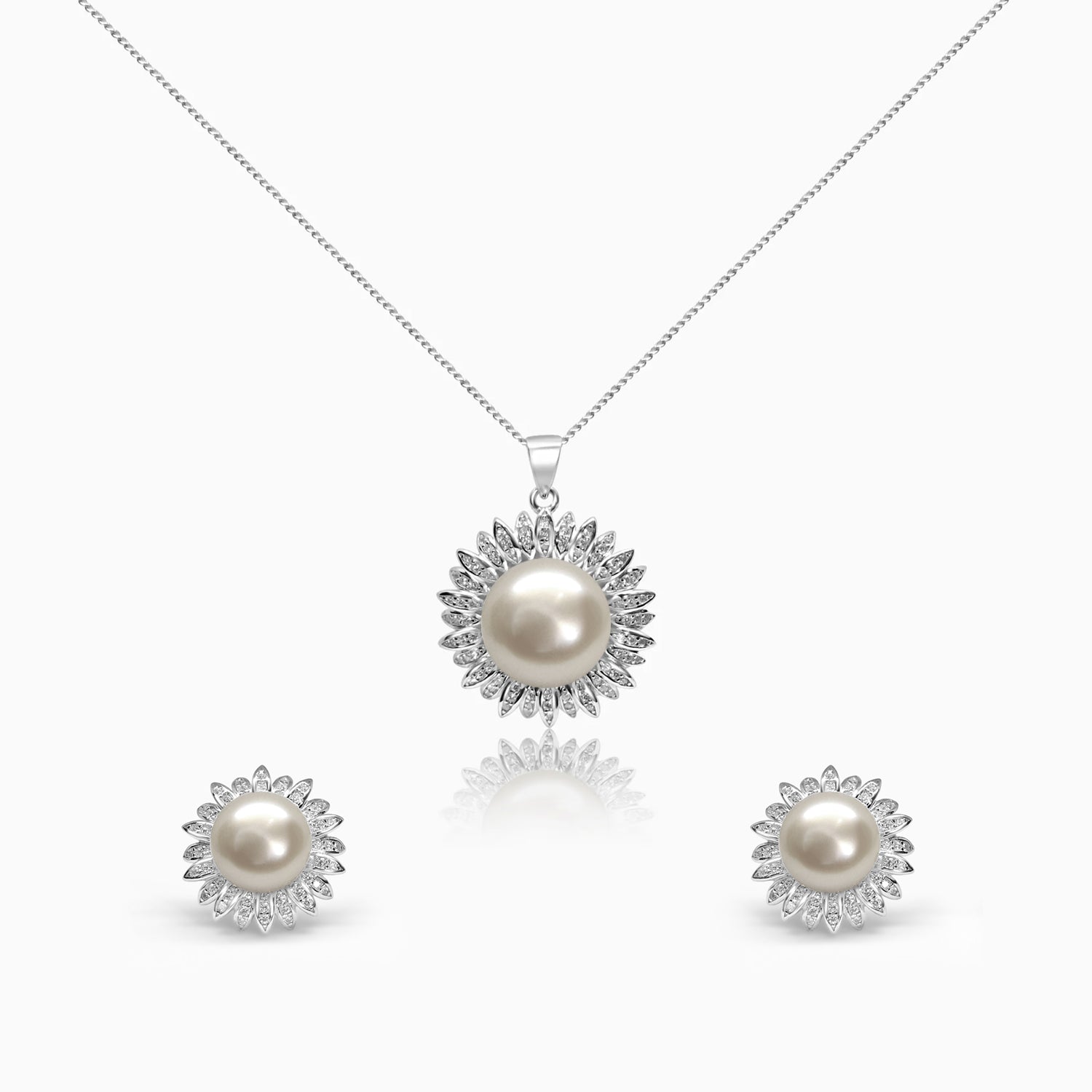 Silver Sparkling Sunflower Pearl Pendant Set